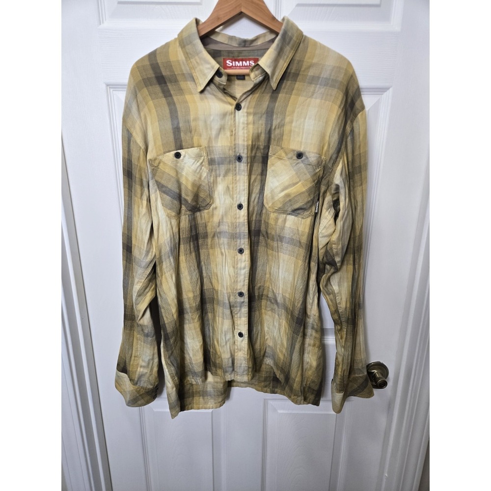SIMMS Mens XL Yellow Gray Plaid Flannel Button Down Fishing Beach Shirt 37749